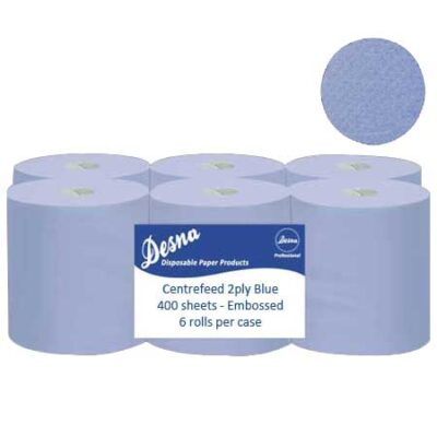 Desna Professional Paper Products Blue Centrefeed Rolls 2ply 400 sheet Embossed 6 Pack