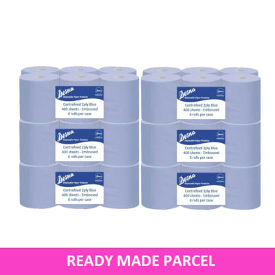 Blue Centrefeed Rolls 2ply 400 sheet Embossed 6 Pack, Ready Made Parcel 36 Rolls